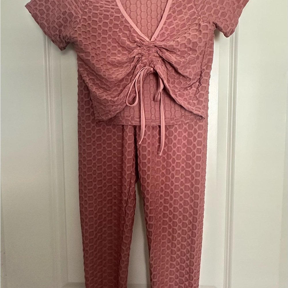 Two-Piece Textured Tie-Front Loungewear Set - Dusty Rose (M)